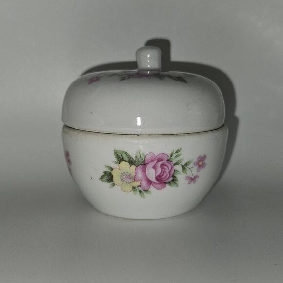 Vintage Floral Porcelain Trinket Jar with Lid Pink Yellow Roses Made in Japan - Picture 1 of 5